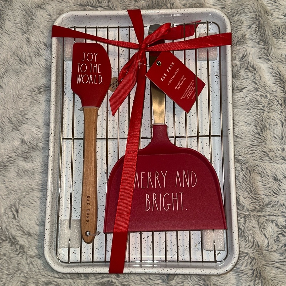 Rae Dunn 4 Piece Baking Set Holiday Christmas Merry & Bright Sheet Tray Spatula